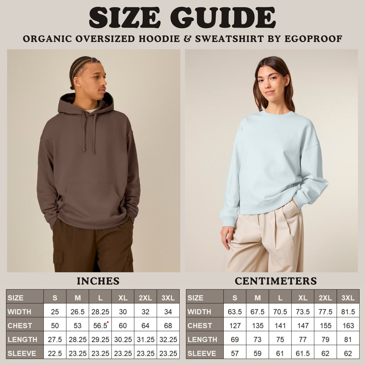 Oversized hoodie and sweatshirt size guide in inches and centimeters by EGOPROOF