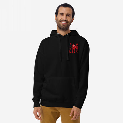 99 Problems Hoodie EU worn by smiling man, features “EGO PROOF” graphic on chest, back print reads “I Got 99 Problems. And Also, Anxiety.” Casual, comfortable fit.