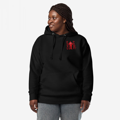 Person in a black 99 Problems Hoodie EU with “EGO PROOF” chest graphic, featuring a bold back print about anxiety. They wear light-wash jeans, embodying casual resilience and mental health awareness.