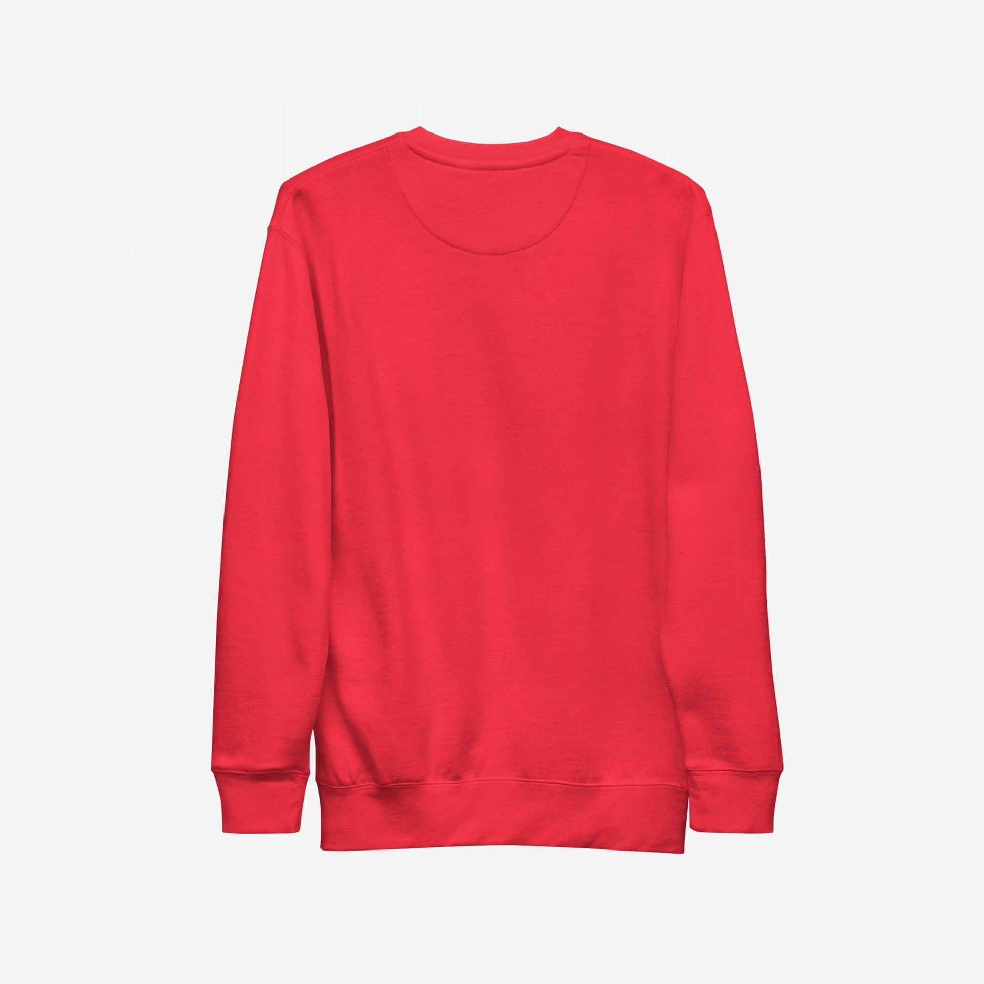 Back view of the Addicted To Love / Drugs Sweatshirt EU, a plain red crew-neck with ribbed cuffs and hem, embodying dark humor and honesty from Egoproof's mental health-focused apparel line.