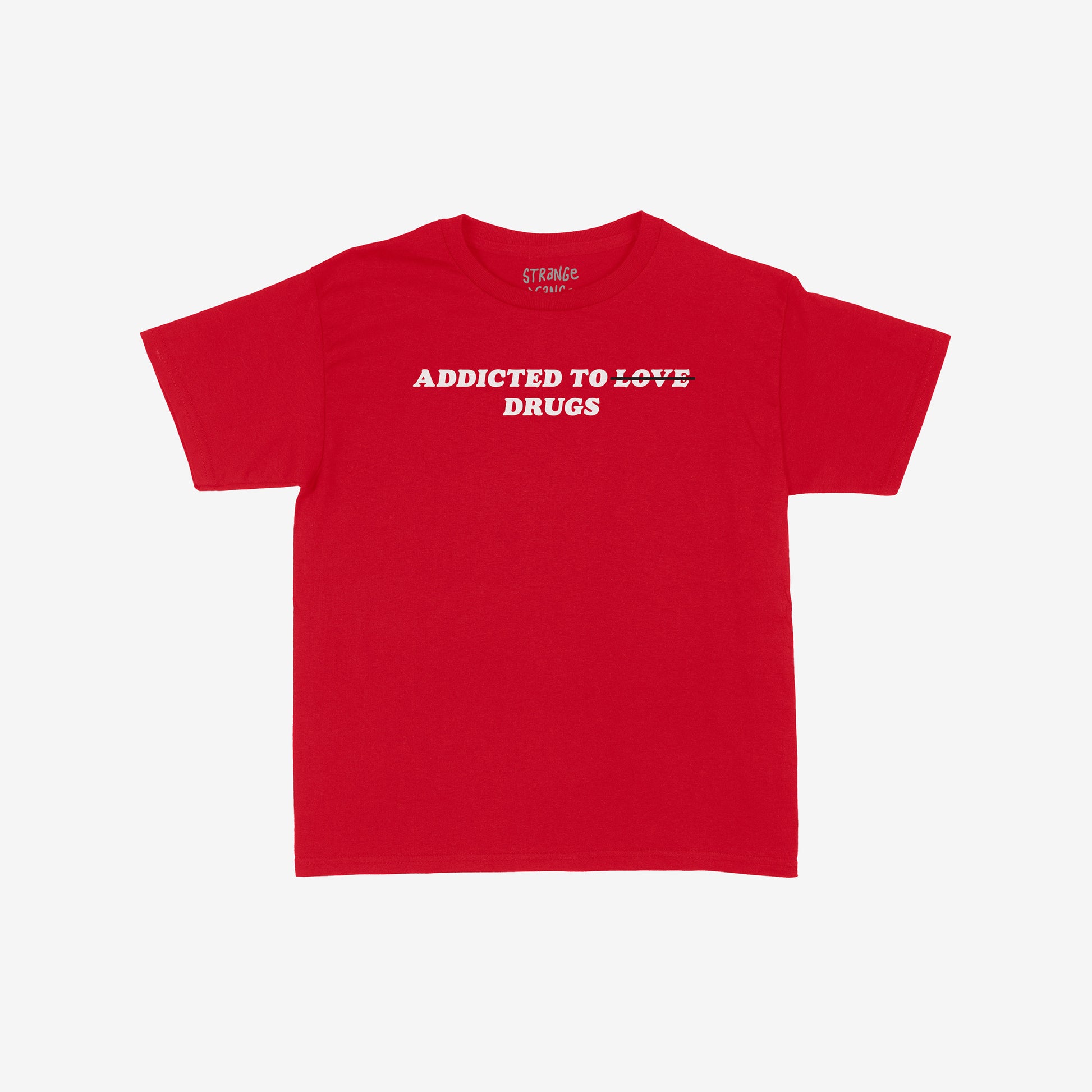 Red women's baby tee with "Addicted To Love / Drugs" text, fitted style, part of Addicted To Love / Drugs Women's Baby Tee product.