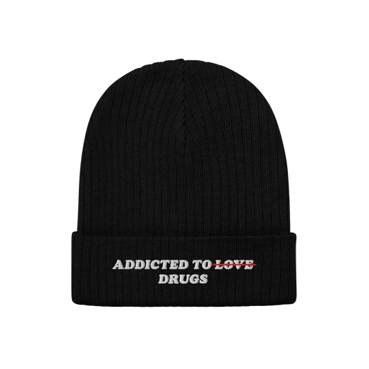 Addicted To Love / Drugs Hat Beanie Black by EGOPROOF