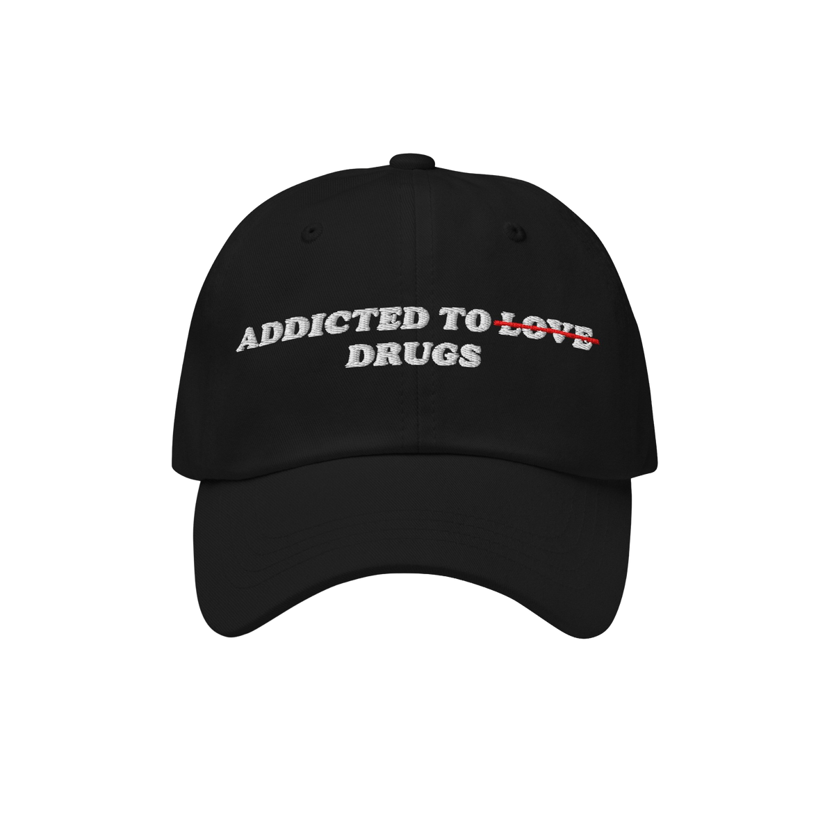 The Egoproof Addicted To Love / Drugs Hat is a black embroidered snapback featuring white ADDICTED TO DRUGS text with LOVE cr