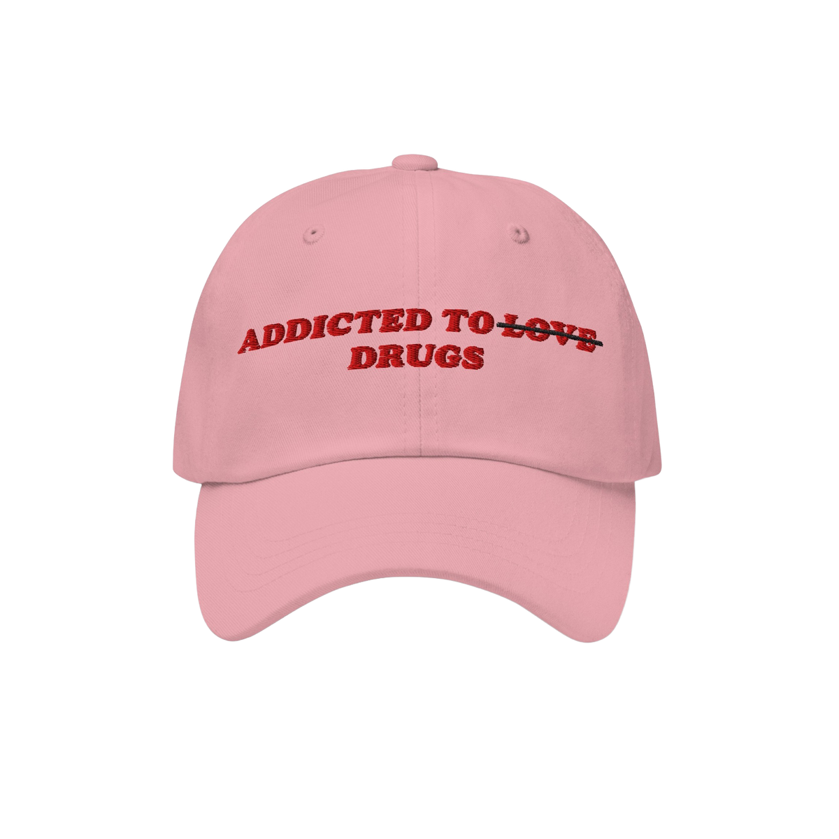 The Egoproof Addicted To Love / Drugs Hat features pink fabric with red embroidery—LOVE crossed out for DRUGS—making a bo