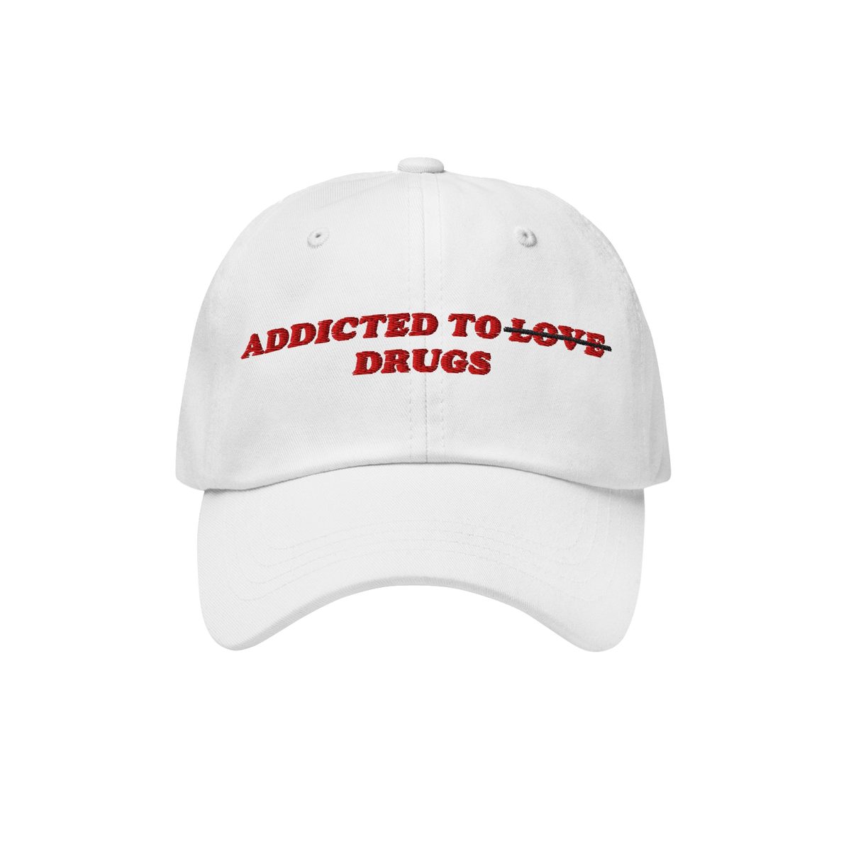 The Egoproof Addicted To Love / Drugs Hat is a white snapback with red embroidered text—LOVE is crossed out for DRUGS—mak