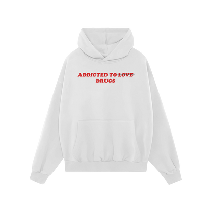 The Egoproof “Addicted To Love / Drugs” hoodie features red text with LOVE crossed out in red, making it a bold white hoo