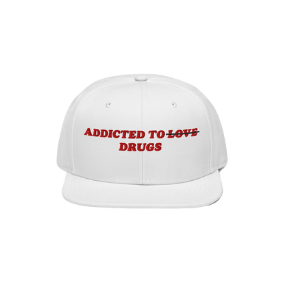 The Egoproof Addicted To Love / Drugs Hat is a white snapback with bold embroidery, featuring “LOVE” crossed out and repl