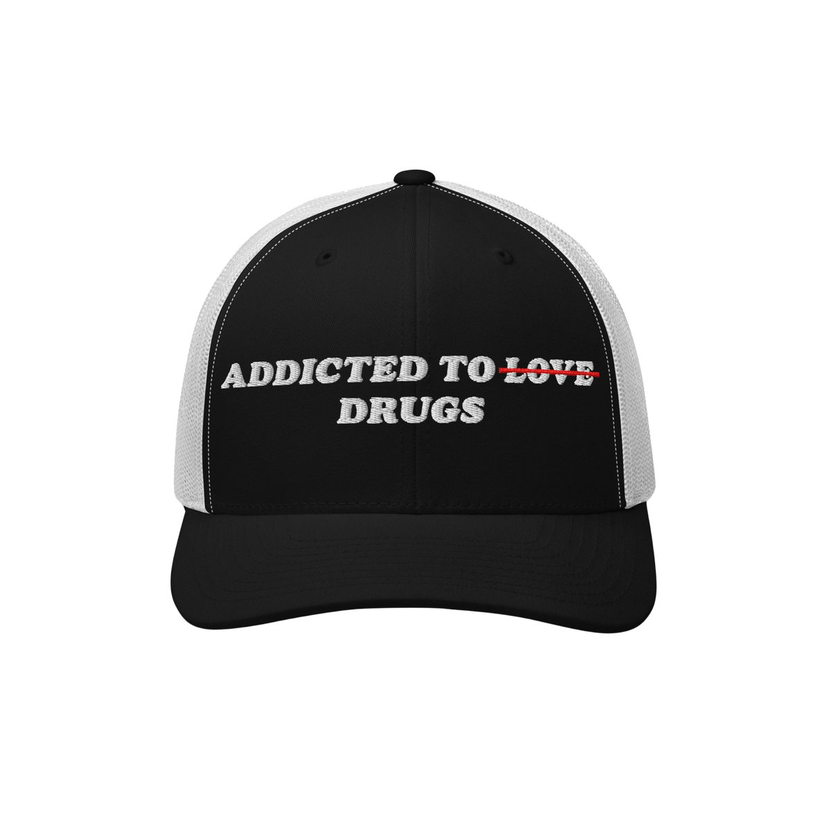 The Egoproof Addicted To Love / Drugs Hat is a striking black and white cap with LOVE crossed out in red and replaced by DRUG