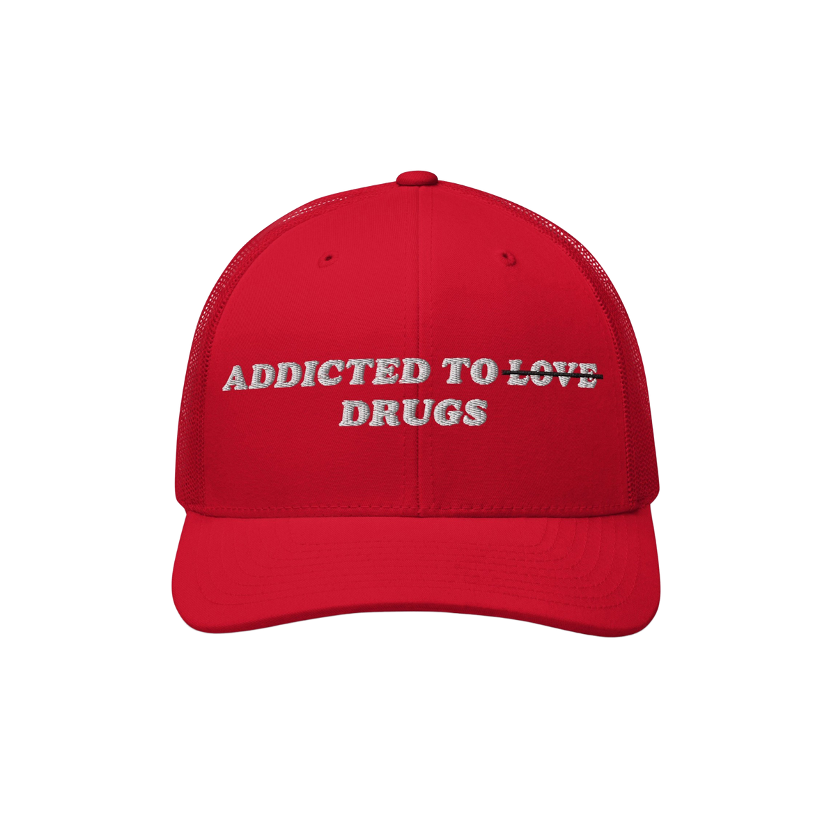 The Egoproof Addicted To Love / Drugs Hat is a red embroidered snapback with “ADDICTED TO ~LOVE~ DRUGS”—LOVE struck thr