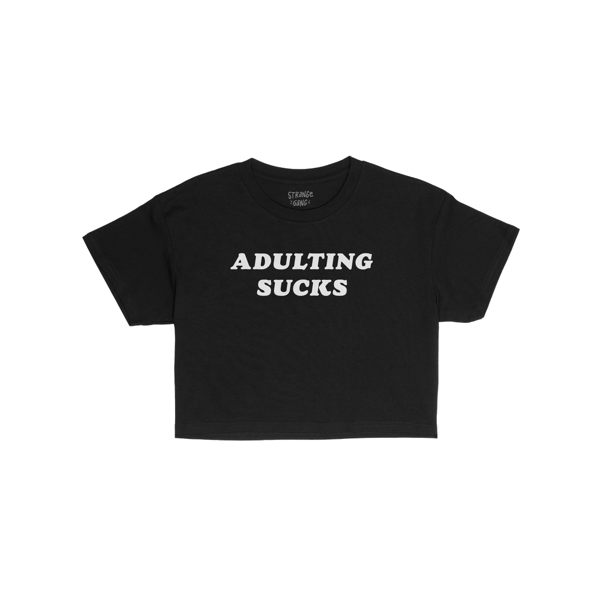 Adulting Sucks Women's Baby Tee in black with bold white text, fitted style, perfect for layering and casual wear.