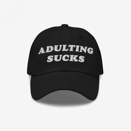Adulting Sucks Hat with white embroidered text, perfect for millennials and Gen Z. Ideal for casual wear or gifting, reflecting the challenges of adulthood with a stylish, honest statement.