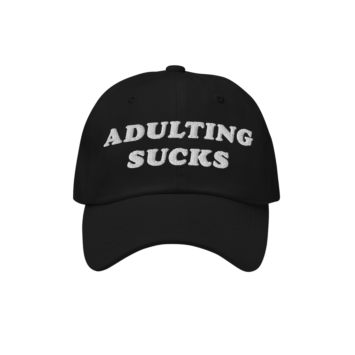 Adulting Sucks Hat with white embroidered text, perfect for millennials and Gen Z. Ideal for casual wear or gifting, reflecti