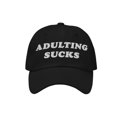 Adulting Sucks Hat with white embroidered text, perfect for millennials and Gen Z. Ideal for casual wear or gifting, reflecti