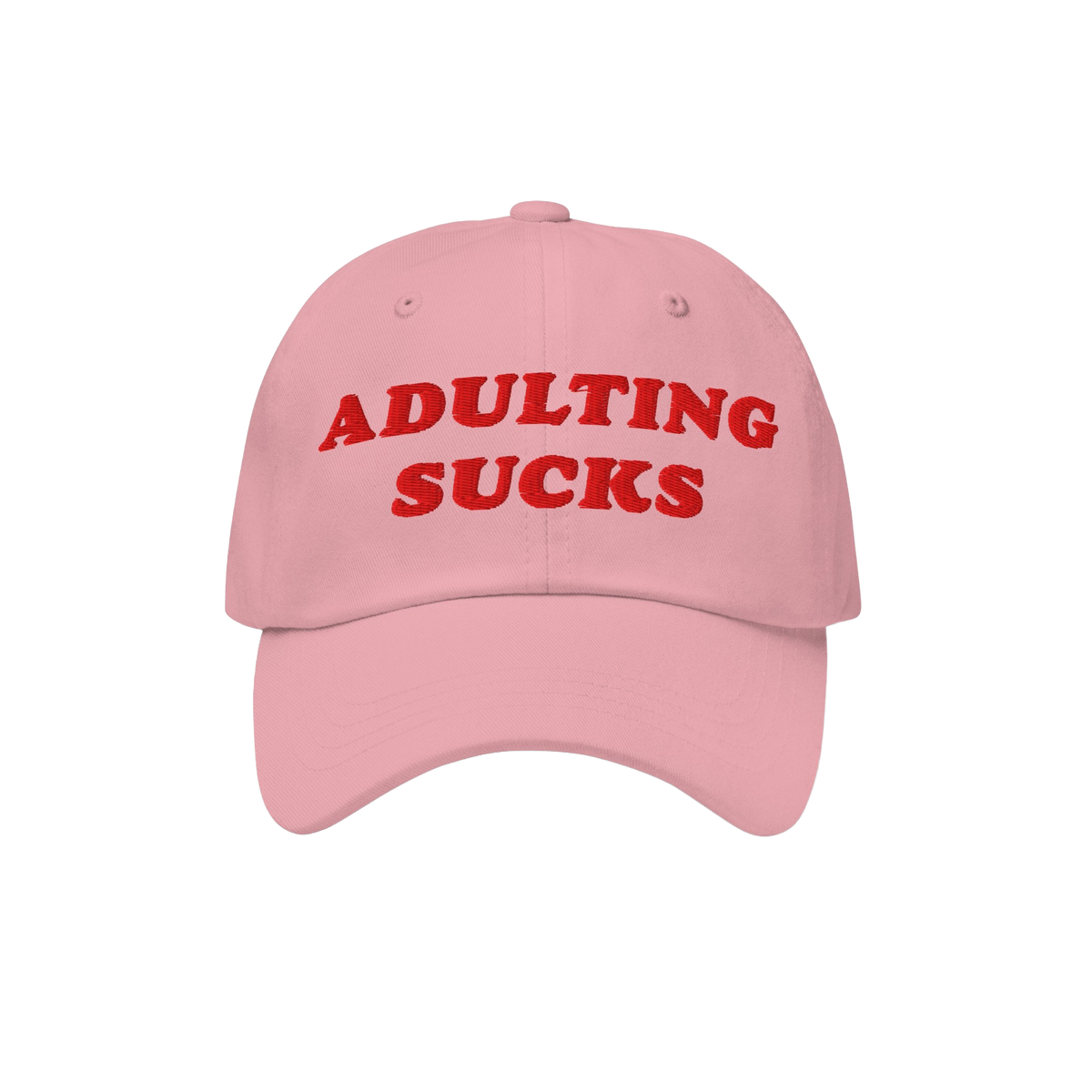 Light pink cap with bold red embroidery stating ADULTING SUCKS on the front, reflecting Egoproof's ethos. A vintage-inspired,