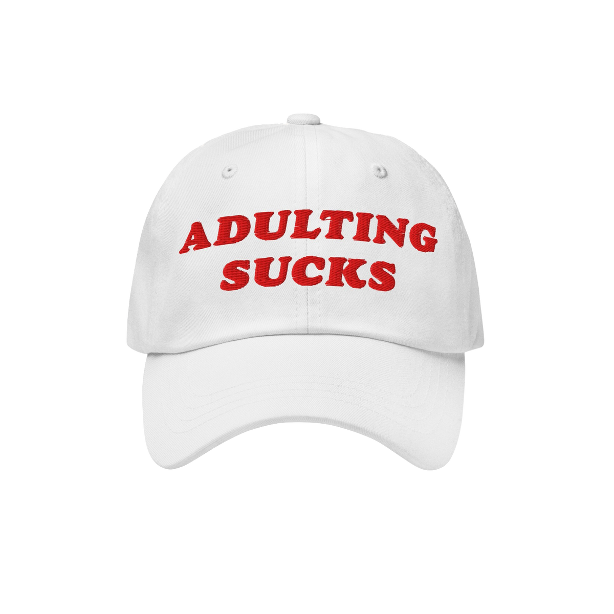 The Adulting Sucks Hat features bold red embroidery stating ADULTING SUCKS on a white baseball-style cap, embodying a vintage