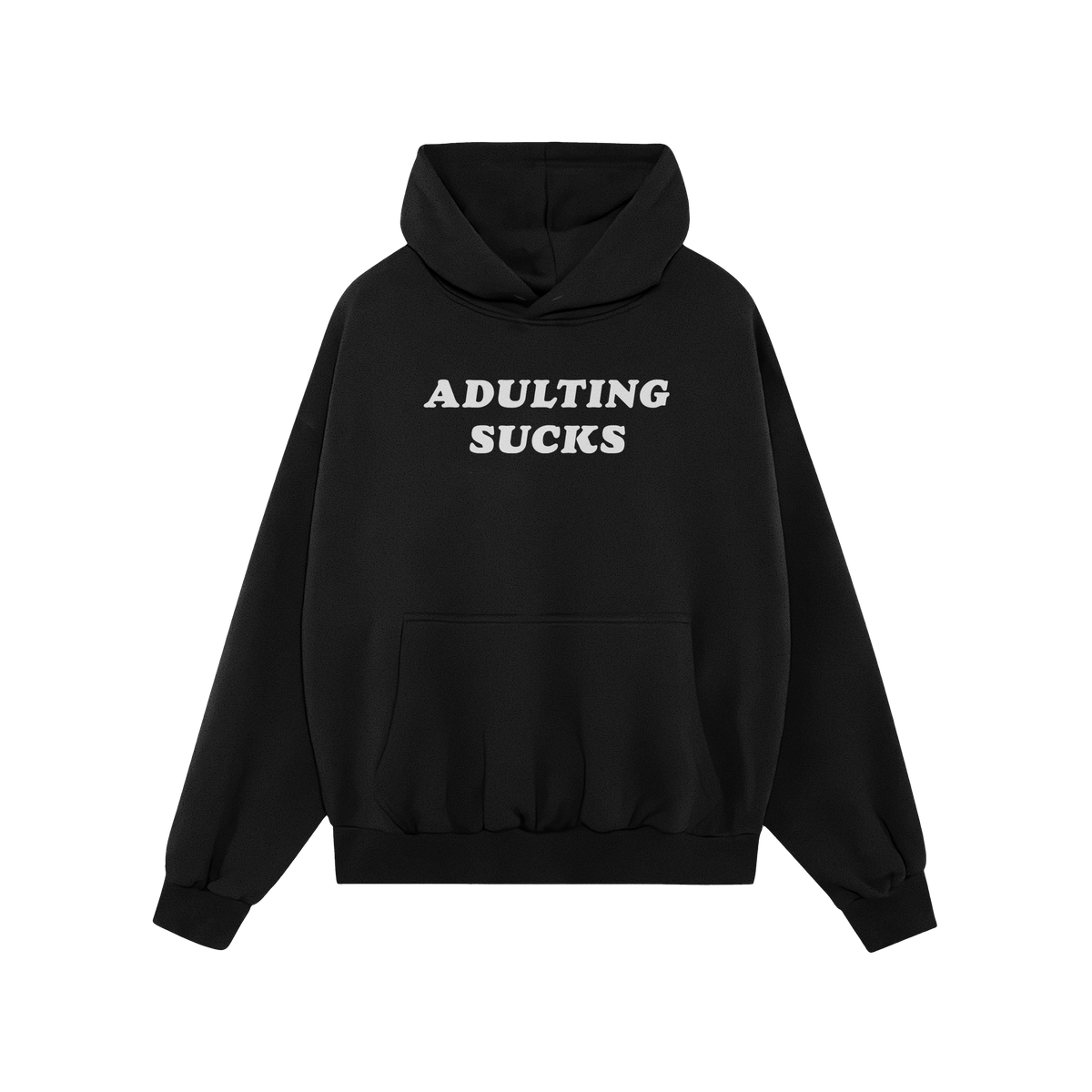 Black "Adulting Sucks Hoodie" with white bold text, midweight and comfortable, perfect for casual wear and expressing relatab