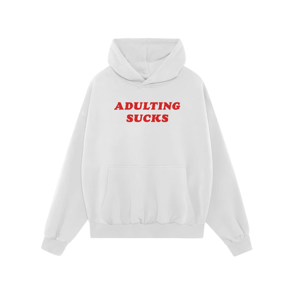 Adulting Sucks Hoodie white midweight pullover with red lettering, comfy for casual wear and responsible avoidance style.