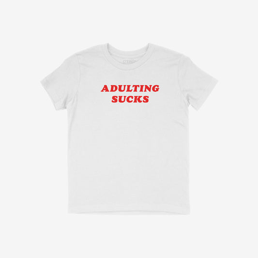 White kids t-shirt with bold red text "Adulting Sucks" from the Adulting Sucks Kids T-shirt collection.
