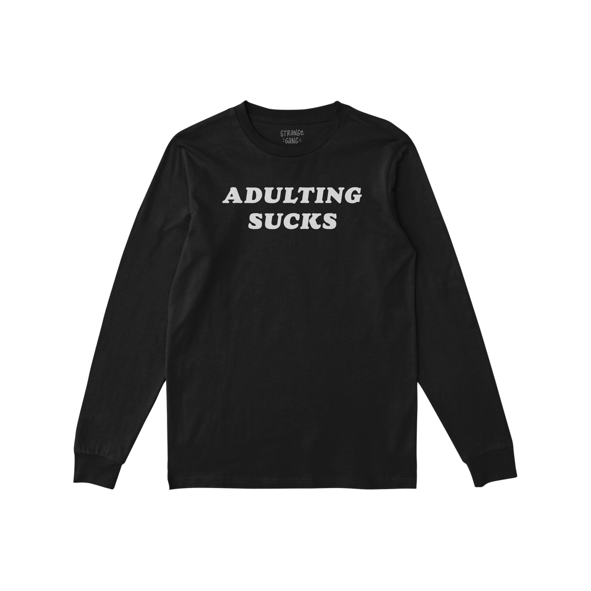 Adulting Sucks Long Sleeve T-shirt in black with bold white text, unisex casual tee for sarcasm lovers and burnout veterans.