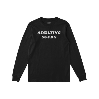 Adulting Sucks Long Sleeve T-shirt in black with bold white text, unisex casual tee for sarcasm lovers and burnout veterans.