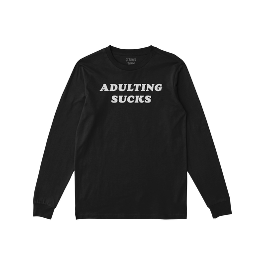 Adulting Sucks Long Sleeve T-shirt in black with bold white text, unisex casual tee for sarcasm lovers and burnout veterans.