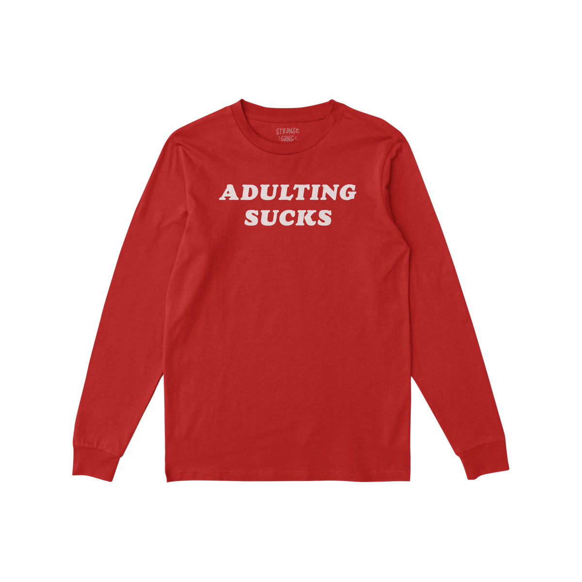 Adulting Sucks Long Sleeve T-shirt in red with bold white text, unisex casual wear for sarcasm lovers and burnout veterans.