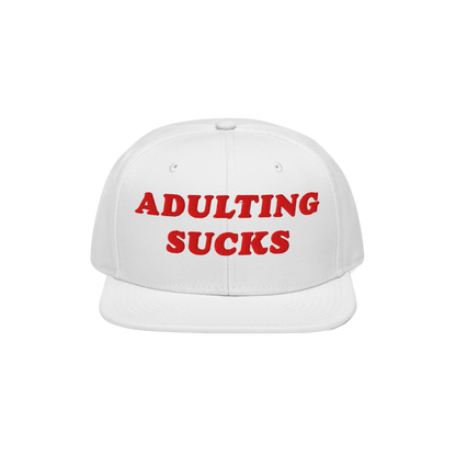 Adulting Sucks Hat: A white snapback cap with bold red embroidery declaring “ADULTING SUCKS,” capturing a vintage-inspire