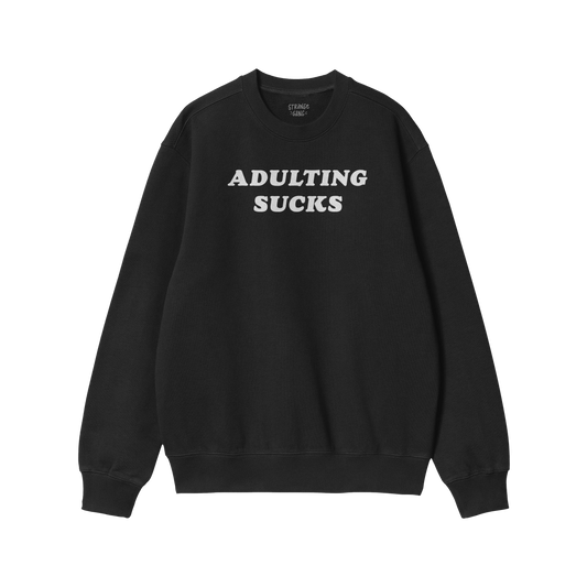 Black Adulting Sucks Hoodie & Sweatshirt with bold white text, cozy midweight fleece perfect for casual and sarcastic style s