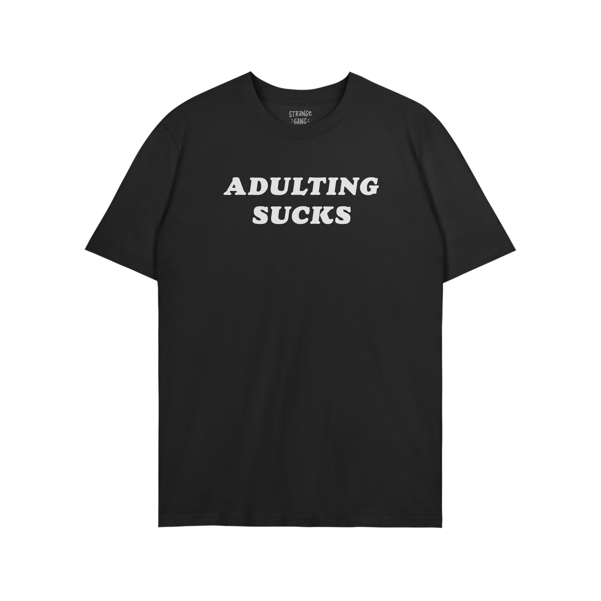Adulting Sucks T-shirt in black with bold white text, unisex casual tee perfect for sarcastic, comfy everyday wear.