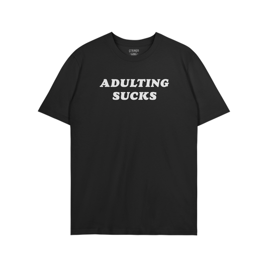 Adulting Sucks T-shirt in black with bold white text, unisex casual tee perfect for sarcastic, comfy everyday wear.