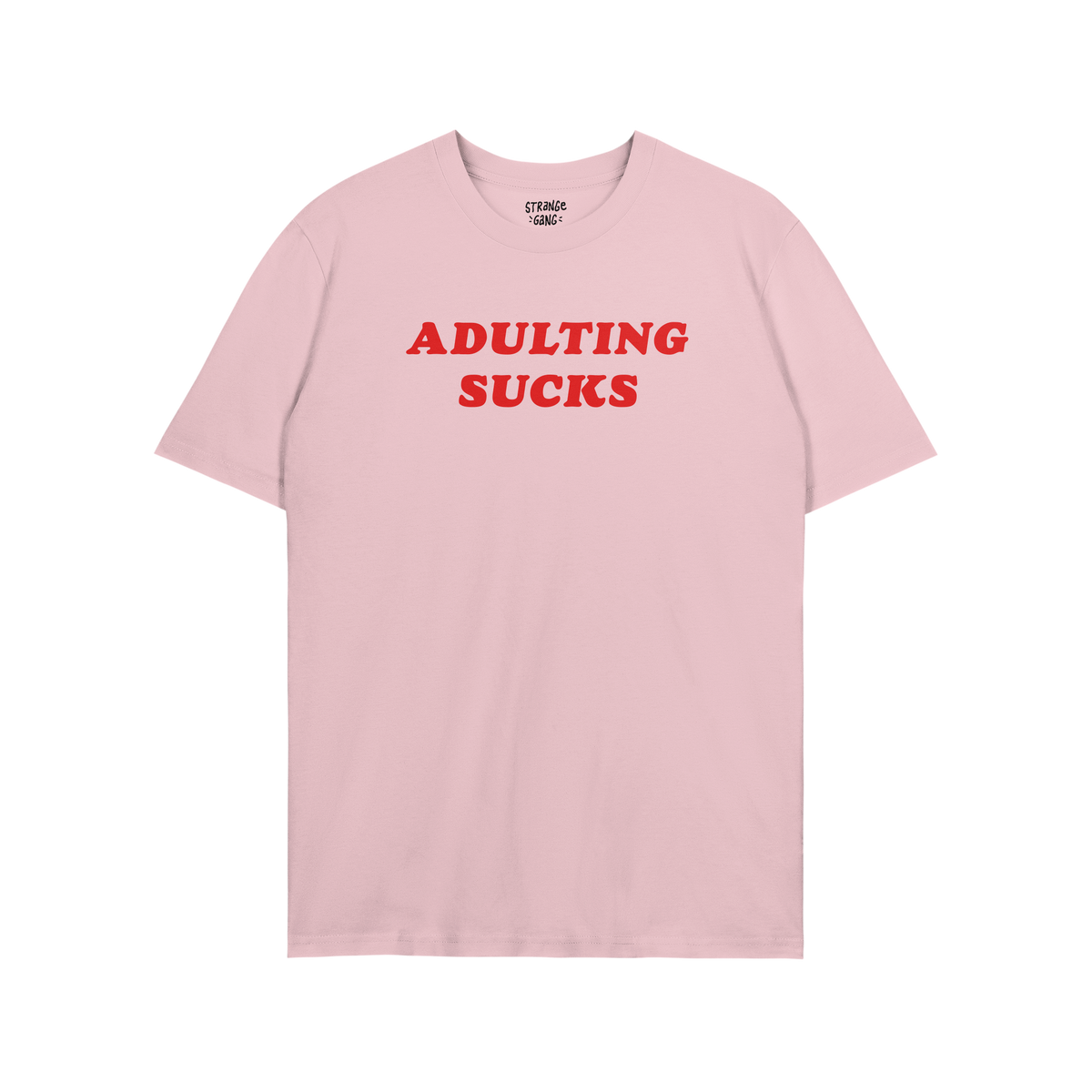 Adulting Sucks T-shirt in light pink with bold red text, unisex casual tee perfect for laid-back, sarcastic style and lazy da