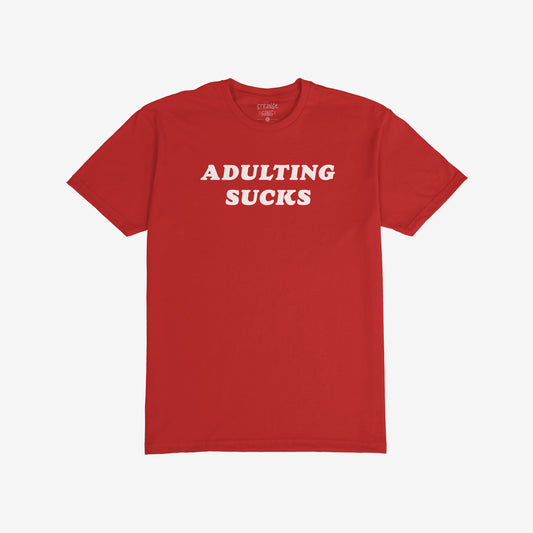 Adulting Sucks T-shirt in red with bold white text, unisex comfortable tee perfect for casual wear and sarcastic style.
