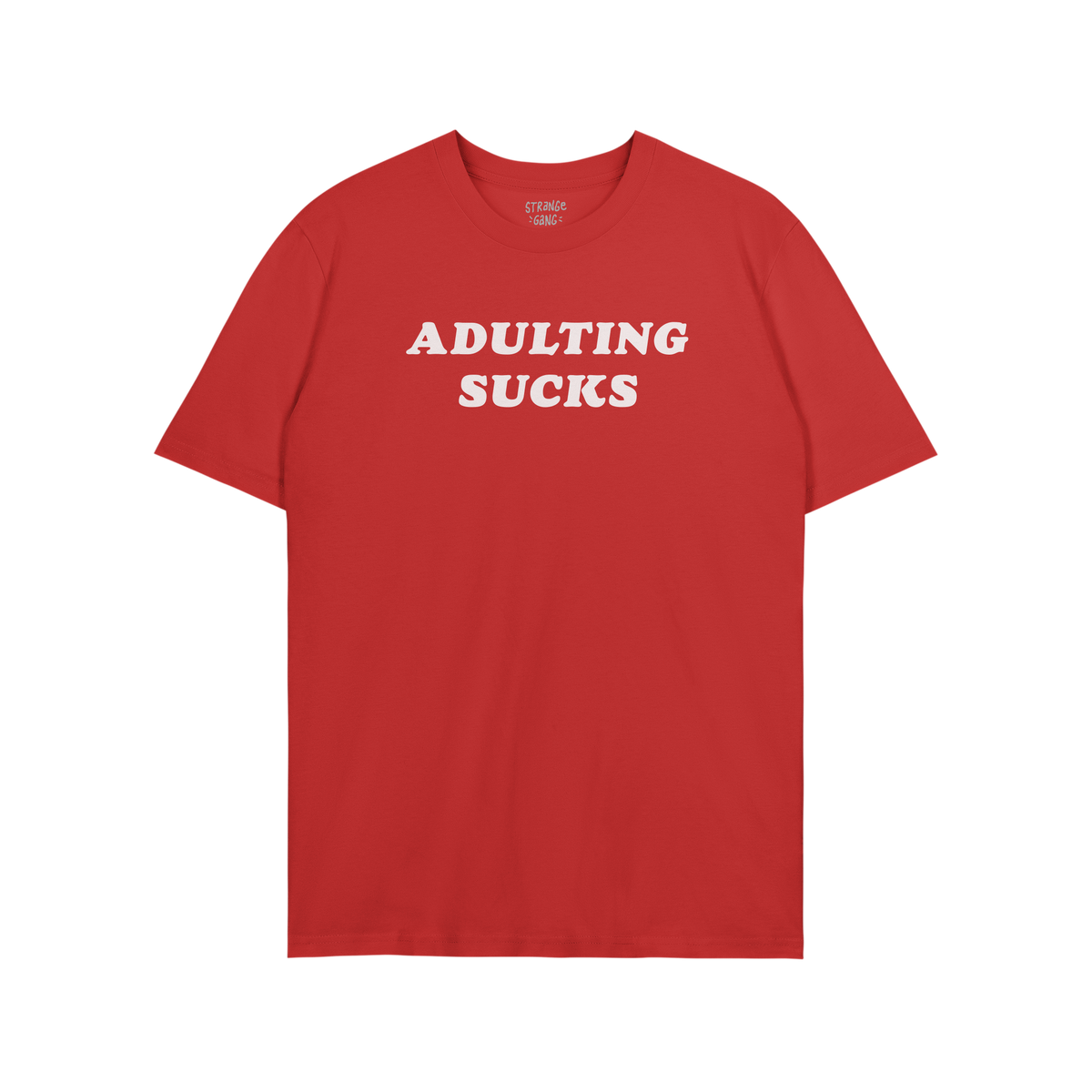 Adulting Sucks T-shirt in red with bold white text, unisex comfortable tee perfect for casual wear and sarcastic style.