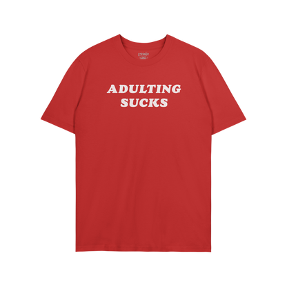 Adulting Sucks T-shirt in red with bold white text, unisex comfortable tee perfect for casual wear and sarcastic style.