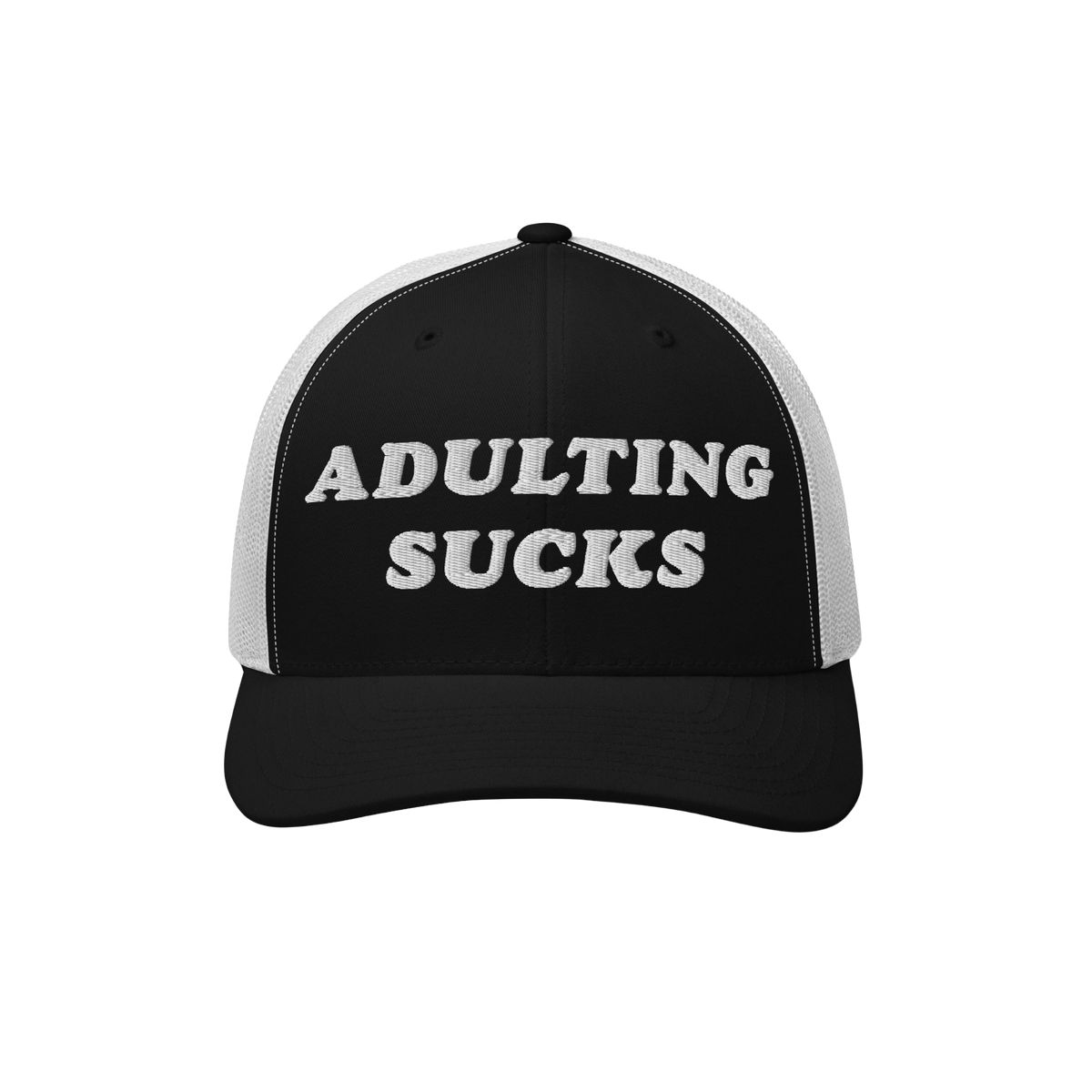 Adulting Sucks Hat: A black-and-white mesh trucker cap featuring ADULTING SUCKS embroidered on the front. Perfect for express