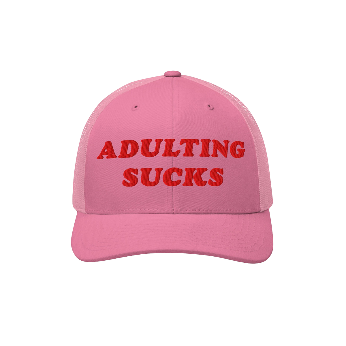 Pink trucker-style Adulting Sucks Hat with red embroidered text, expressing humor and honesty about adult responsibilities. I