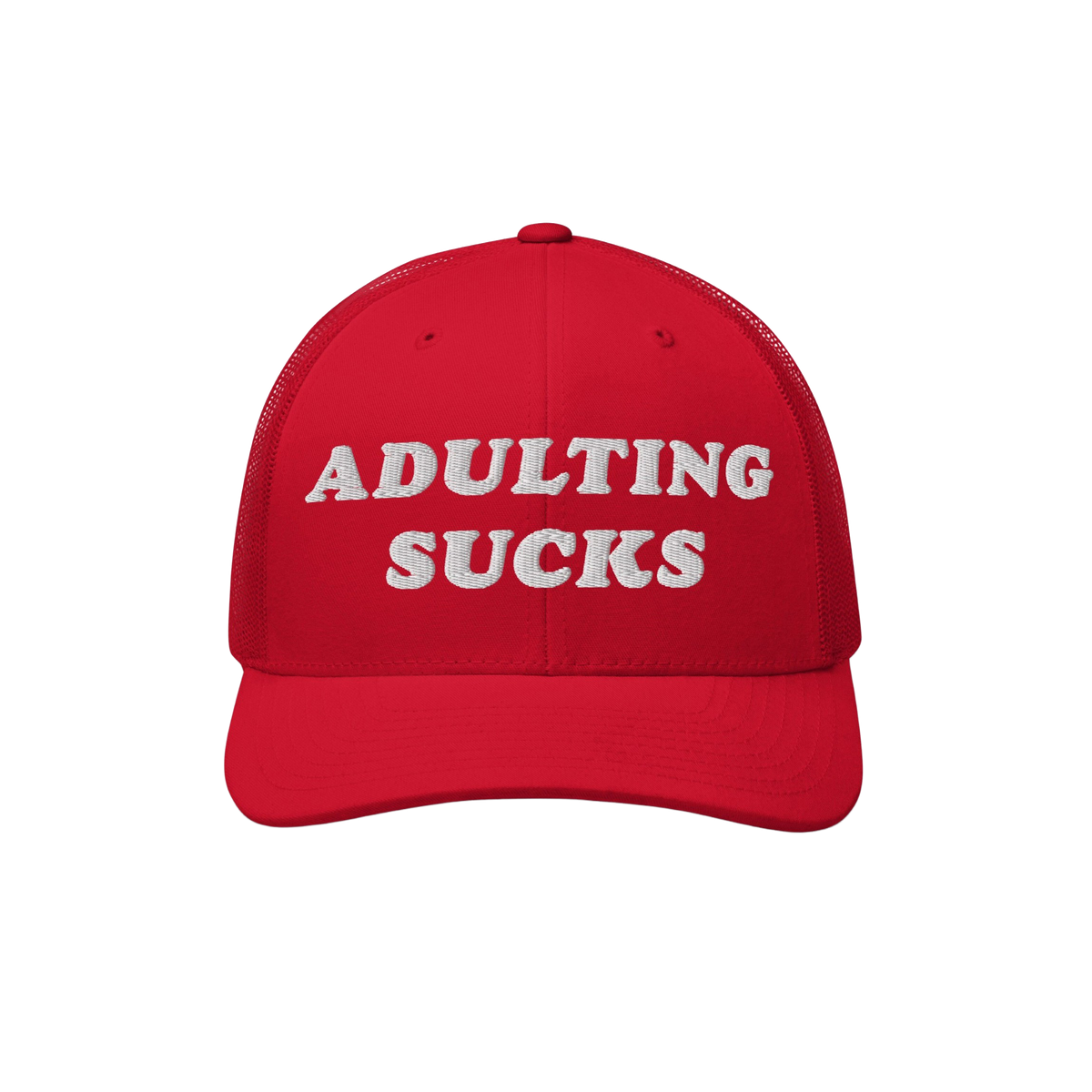Adulting Sucks Hat: A red trucker cap with bold white embroidery stating ADULTING SUCKS, reflecting a vintage, honest style p