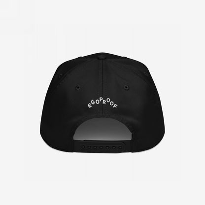 Black Anti-Fascist Hat with back view showing EGO PROOF embroidered text, adjustable snap closure, and six ventilation eyelets. Designed for those standing against injustice, embodying bold style and accountability.
