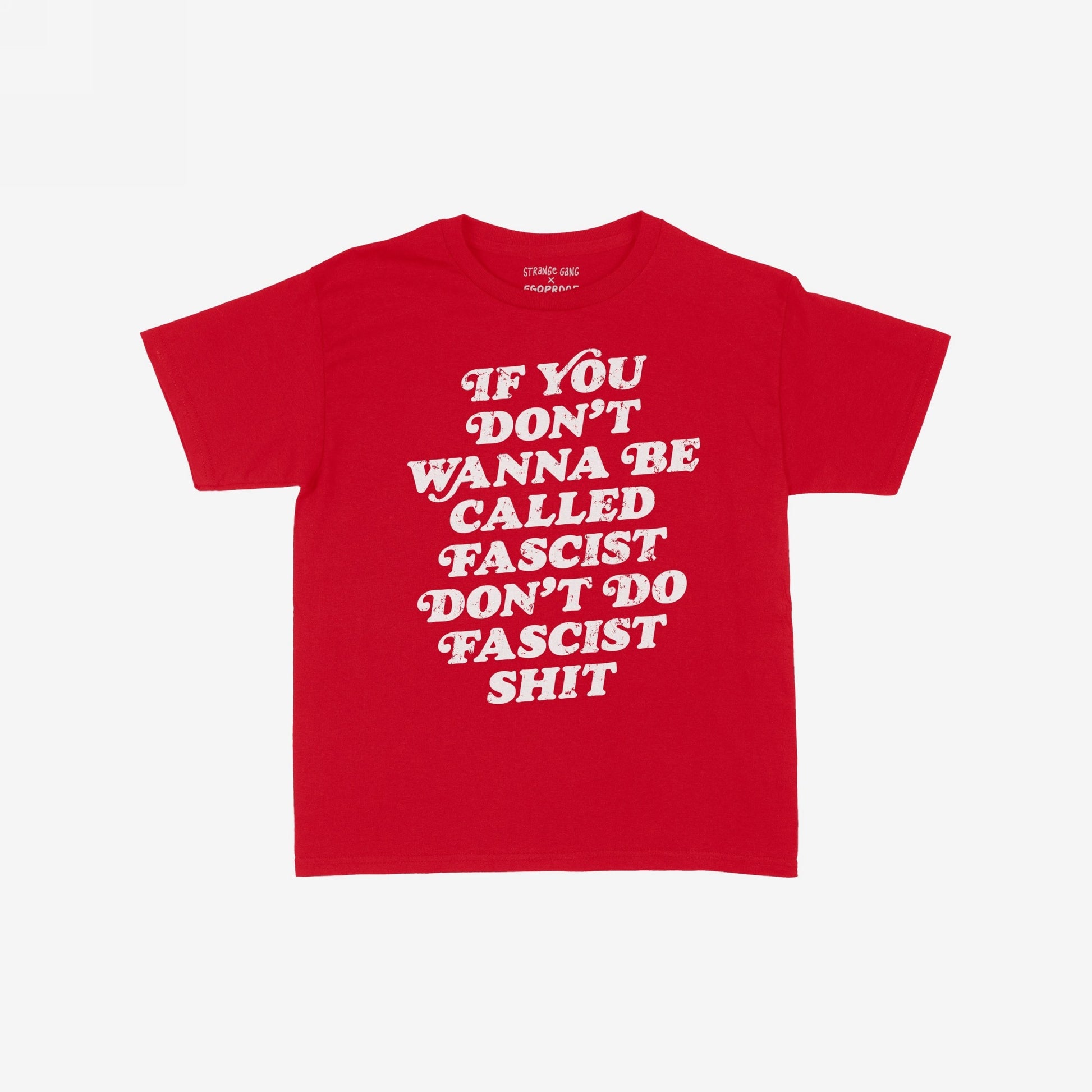 Anti-Fascist Women's Baby Tee featuring bold white text on a red background, delivering an unapologetic message against fascism. The cropped fit complements a statement-making style.