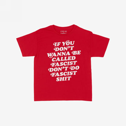 Anti-Fascist Women's Baby Tee featuring bold white text on a red background, delivering an unapologetic message against fascism. The cropped fit complements a statement-making style.