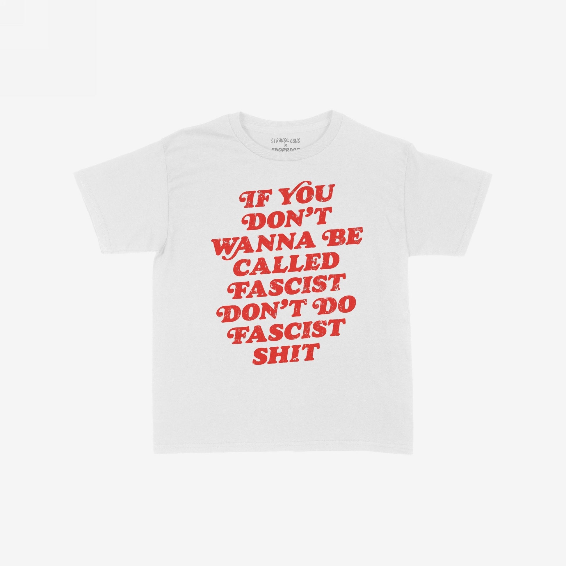 Anti-Fascist Women's Baby Tee featuring a bold red slogan emphasizing resistance and individuality on a plain white background, ideal for making a powerful statement against hate.