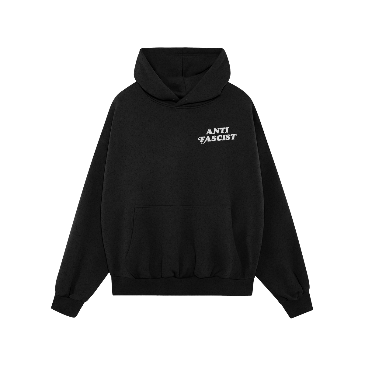 Anti-Fascist Hoodie & Sweatshirt featuring a black pullover design with ANTI FASCIST in white on the chest, kangaroo pocket, 