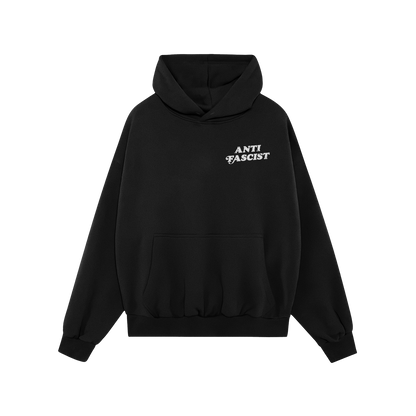Anti-Fascist Hoodie & Sweatshirt featuring a black pullover design with ANTI FASCIST in white on the chest, kangaroo pocket, 