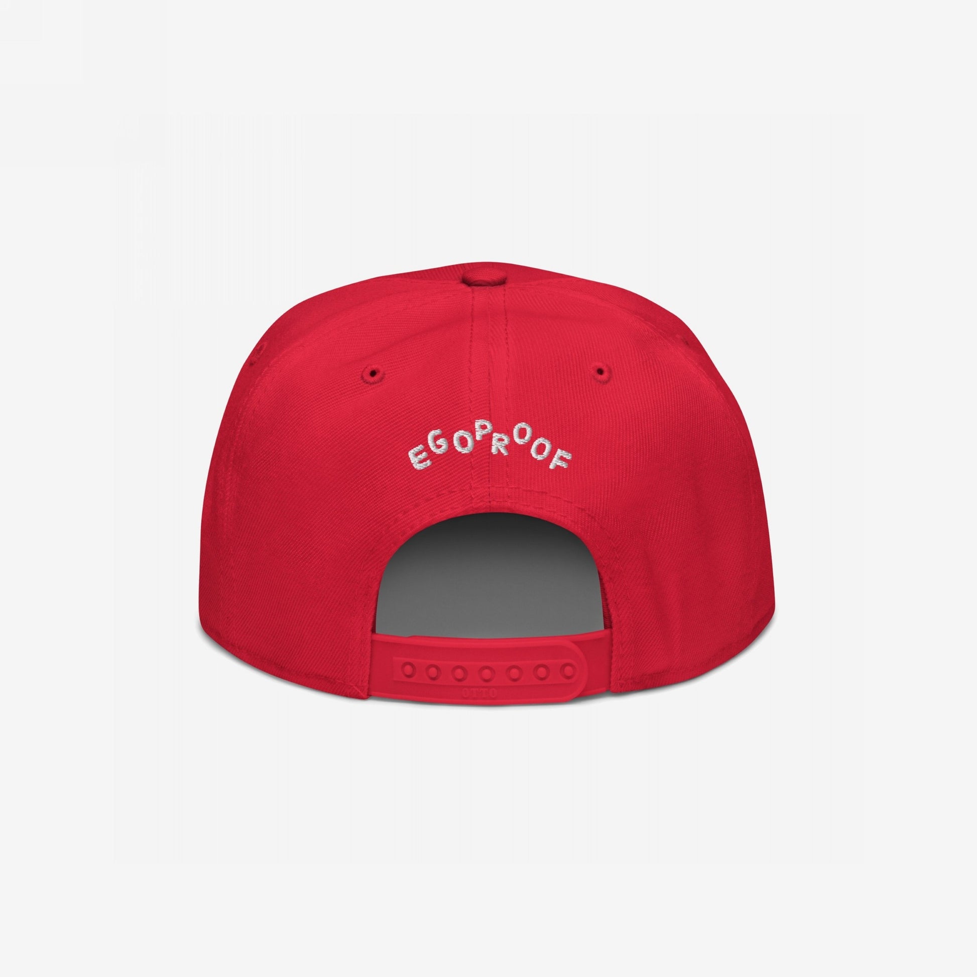 Rear view of the Anti-Fascist Hat, a bright red snapback with EGOPROOF embroidered in white above the adjustable closure, embodying a bold, everyday statement against hate.
