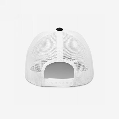 Anti-Fascist Hat: Back view of a white trucker-style baseball cap featuring mesh panels and a plastic snap-closure. Designed for everyday resistance, it displays the bold statement against fascism.