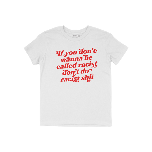 Anti-Racist Kids T-shirt featuring a bold red slogan advocating against racism, designed to empower young voices. A soft, dur