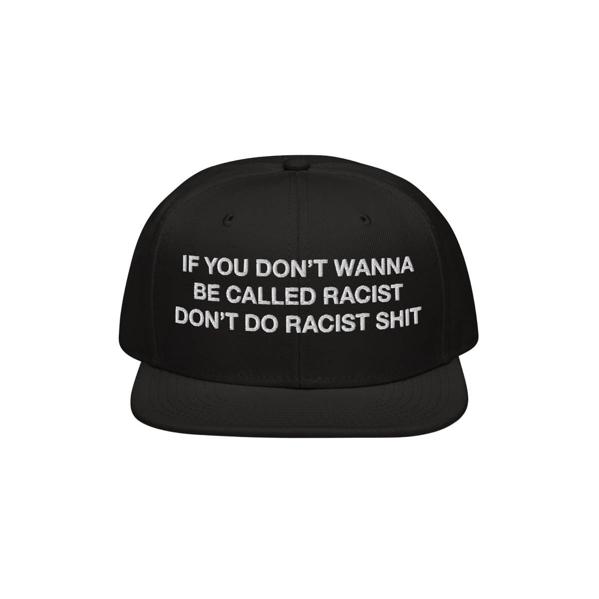 Anti-Racist Hat EU features bold white embroidery on a black flat-brim cap, stating, “IF YOU DON’T WANNA BE CALLED RACIST