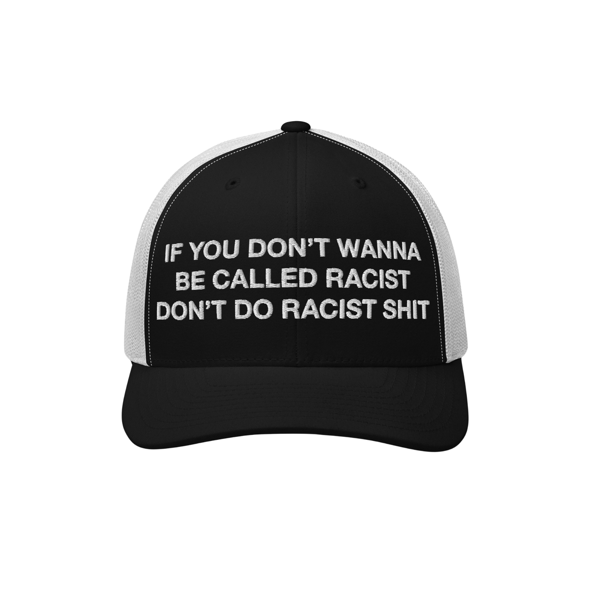 Anti-Racist Hat EU featuring a bold slogan in white block letters on a trucker-style cap, crafted for those confronting racis