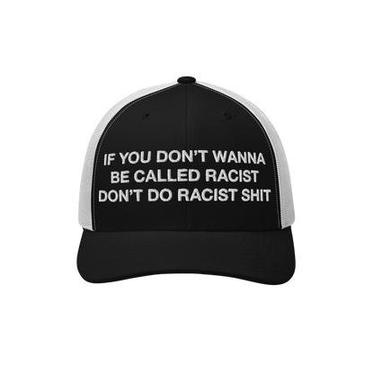Anti-Racist Hat EU featuring a bold slogan in white block letters on a trucker-style cap, crafted for those confronting racis