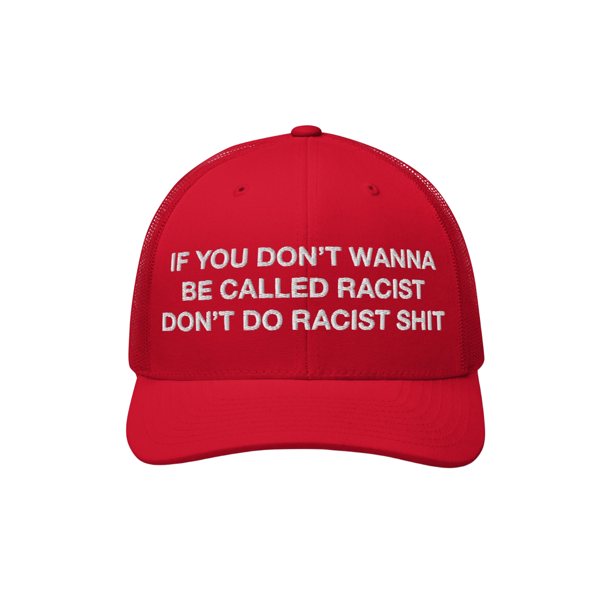 Red trucker-style baseball cap titled Anti-Racist Hat EU, featuring bold, white embroidered text advocating against racism. D
